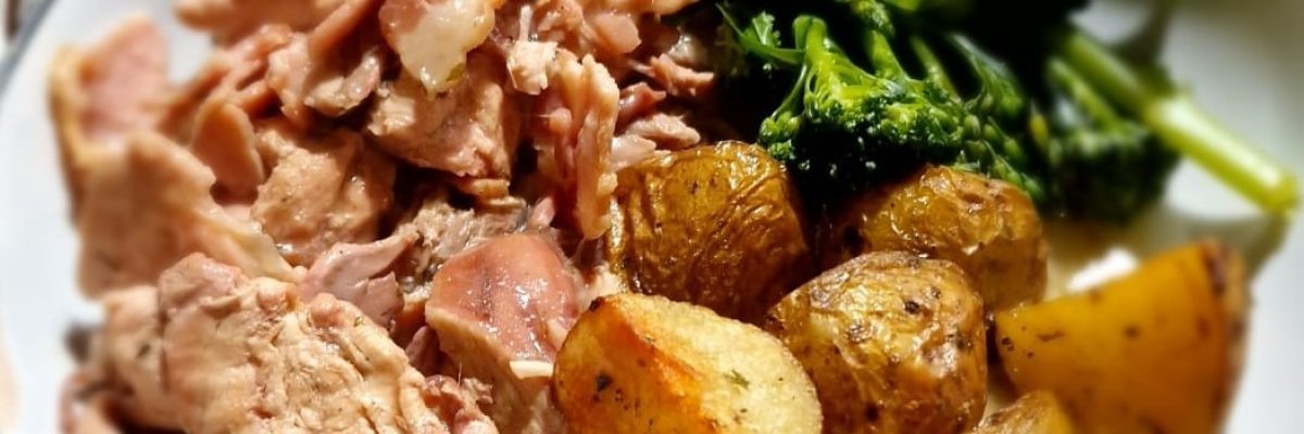 Rabbit and Bacon casserole with potatoes and buttered greens